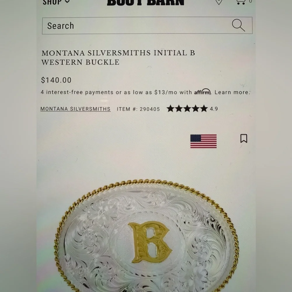 Montana Silversmiths B Western Belt Buckle w/belt‎